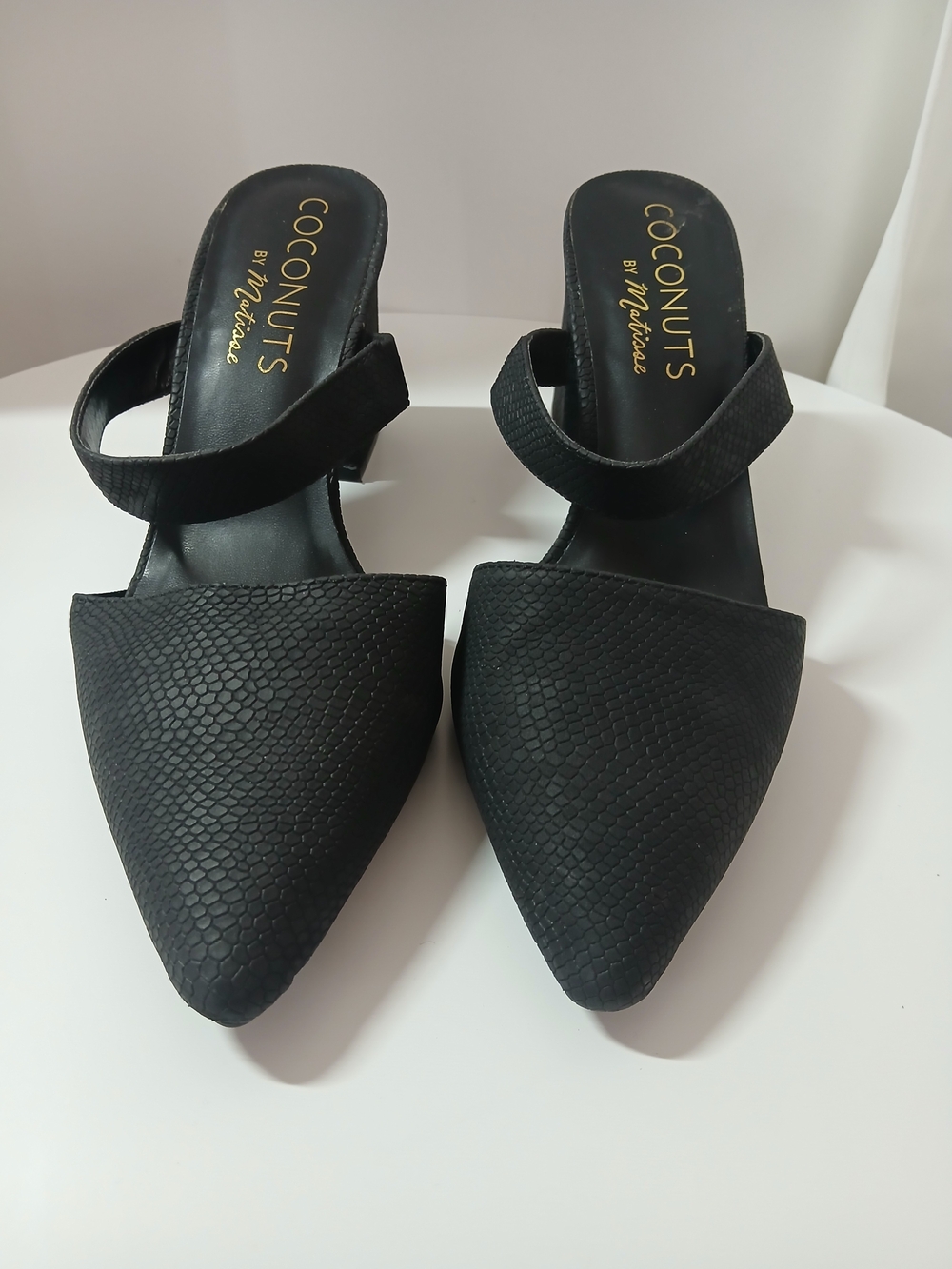 Coconuts by Matisse Black Textured Pointed Mules with Instep Strap